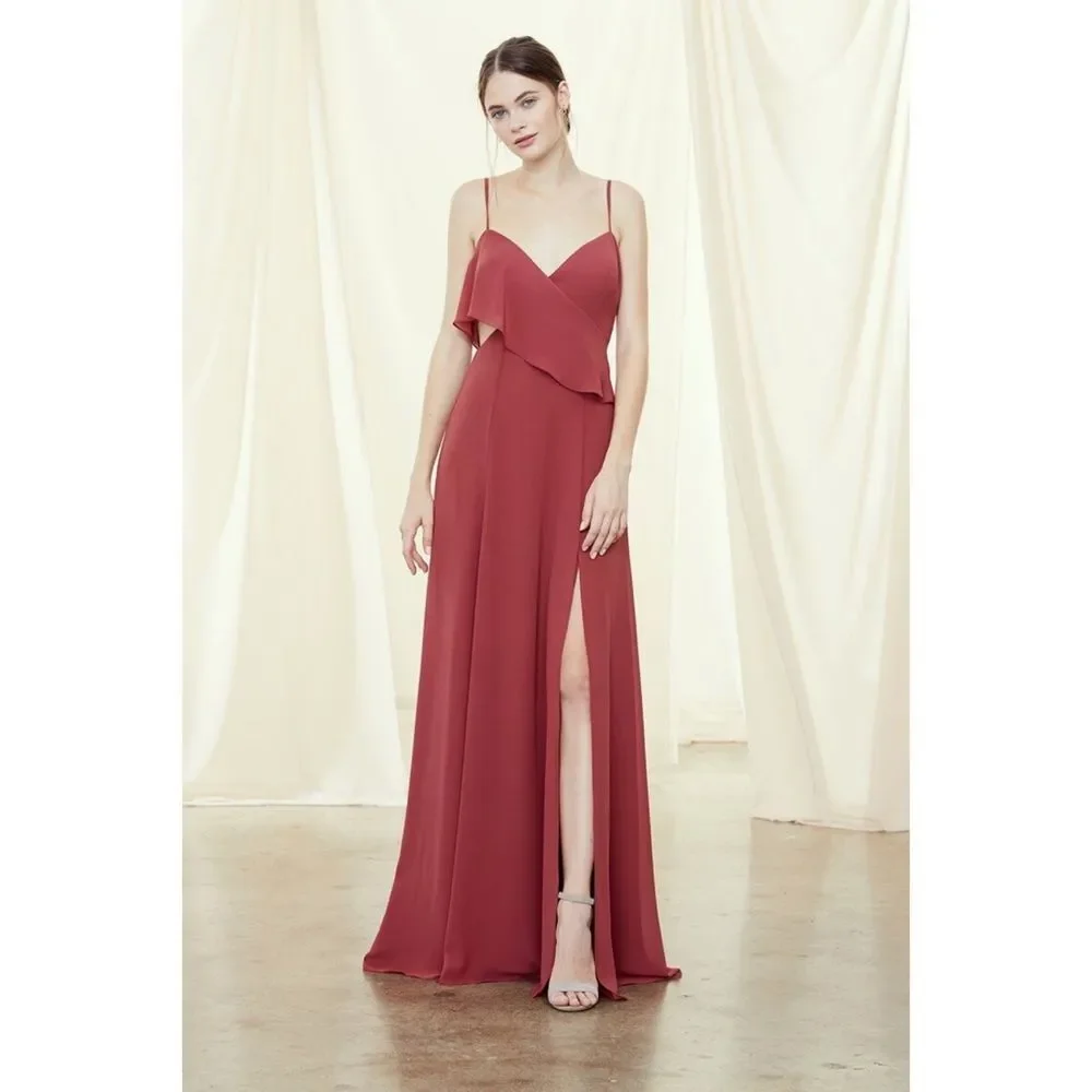 Amsale Arabella Flat Chiffon Maxi Dress Cayenne $270 Sz 10